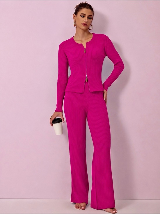 Joyfunear Pants - Women’s Pink Wide-Leg Ribbed Knit Pants + Sweater Lounging Set New Size L